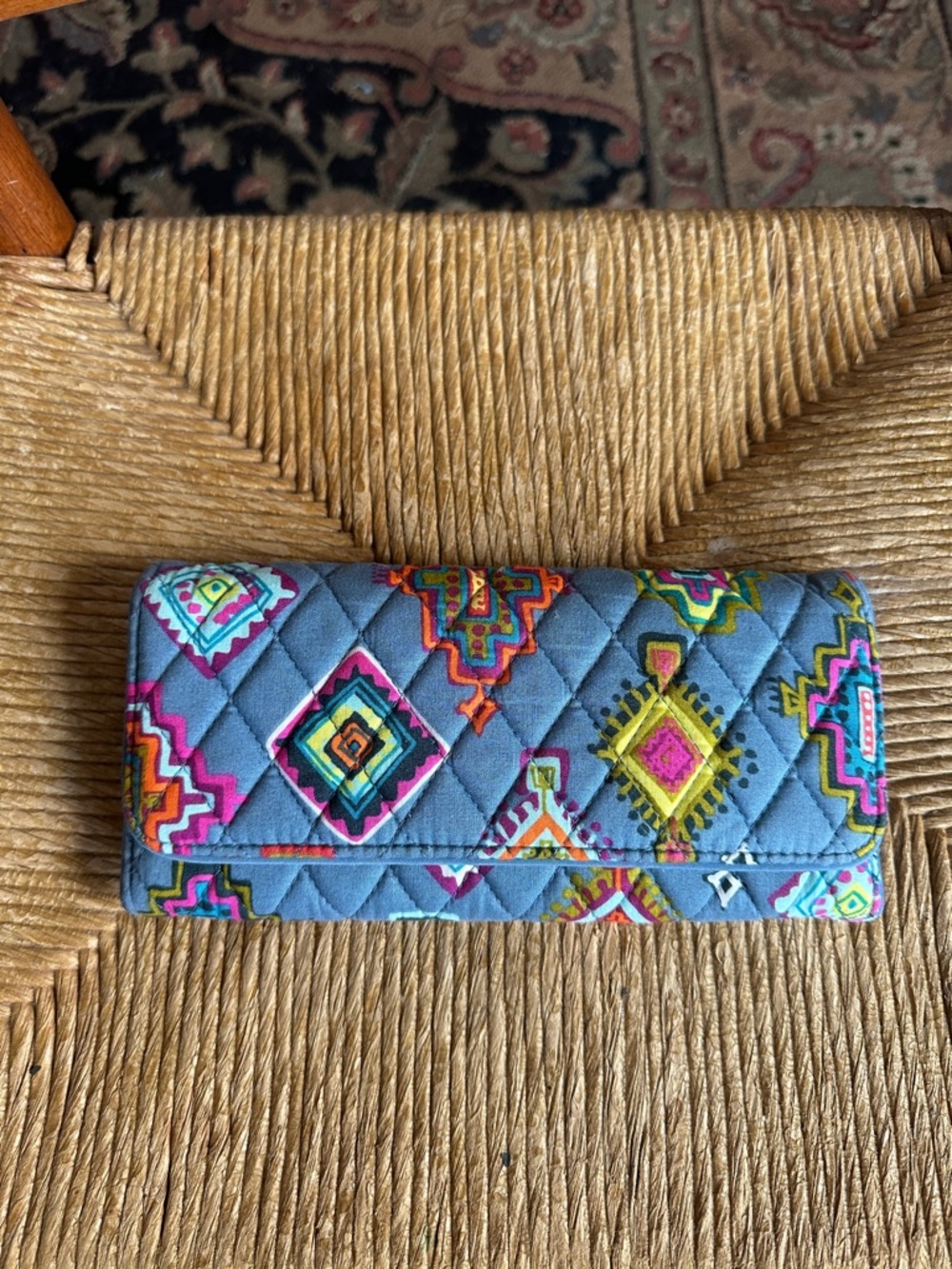 Vera Bradley Blue Quilted Wallet with Bright Multicolor Geometric Print